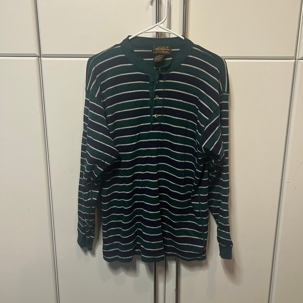 Vintage Eddie Bauer Henley Shirt Mens Medium Green Navy Striped Long Sleeve USA‎